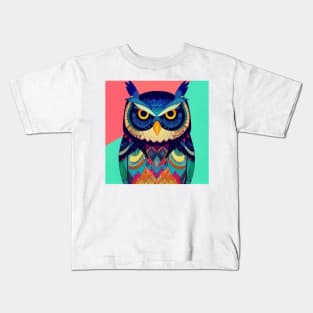 Colorful Owl Portrait Illustration - Bright Vibrant Colors Bohemian Style Feathers Psychedelic Bird Animal Rainbow Colored Art Kids T-Shirt